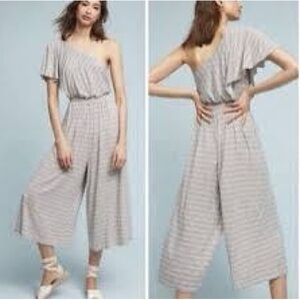 Anthropologie Maeve Cream & Black Print One Shoulder Size Medium Jamie Jumpsuit.